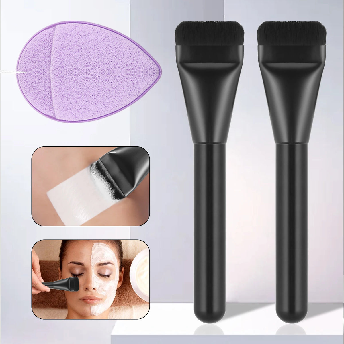 Ronshadow 3-Pc Flat Mask Brush & Puff Set | Foundation Tool Makeup Brush Set QXL