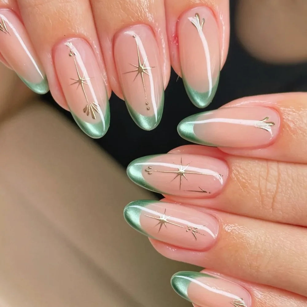 24-Pack Almond Press-On Nails | Aurora Pearl French Designs Press-On Nails QXL W1989
