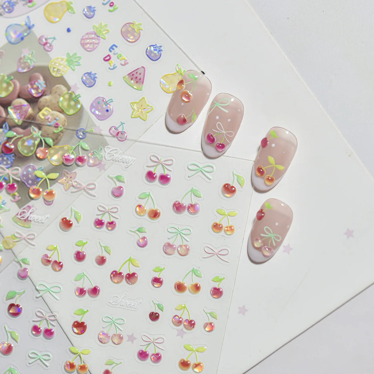 Jelly Cherry Bow 5D Nail Stickers | Fruity Decals Nail Art Stickers QXL