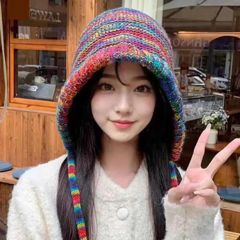 Rainbow Striped Knit Beanie Hat | Women's Winter Ear Warmer Knit Beanie Hat QXL
