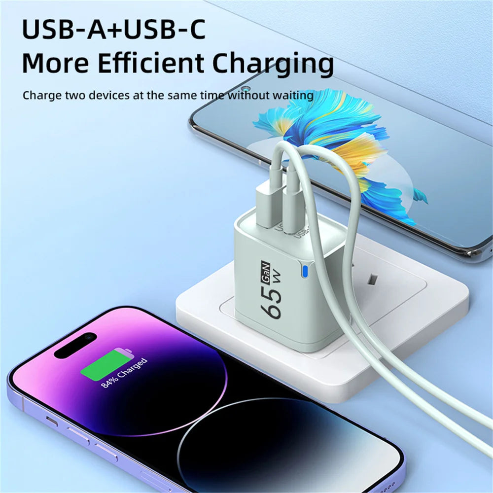 65W GaN Fast Charger USB-C PD QC 3.0 Dual Port Wall Adapter GaN Wall Charger QXL