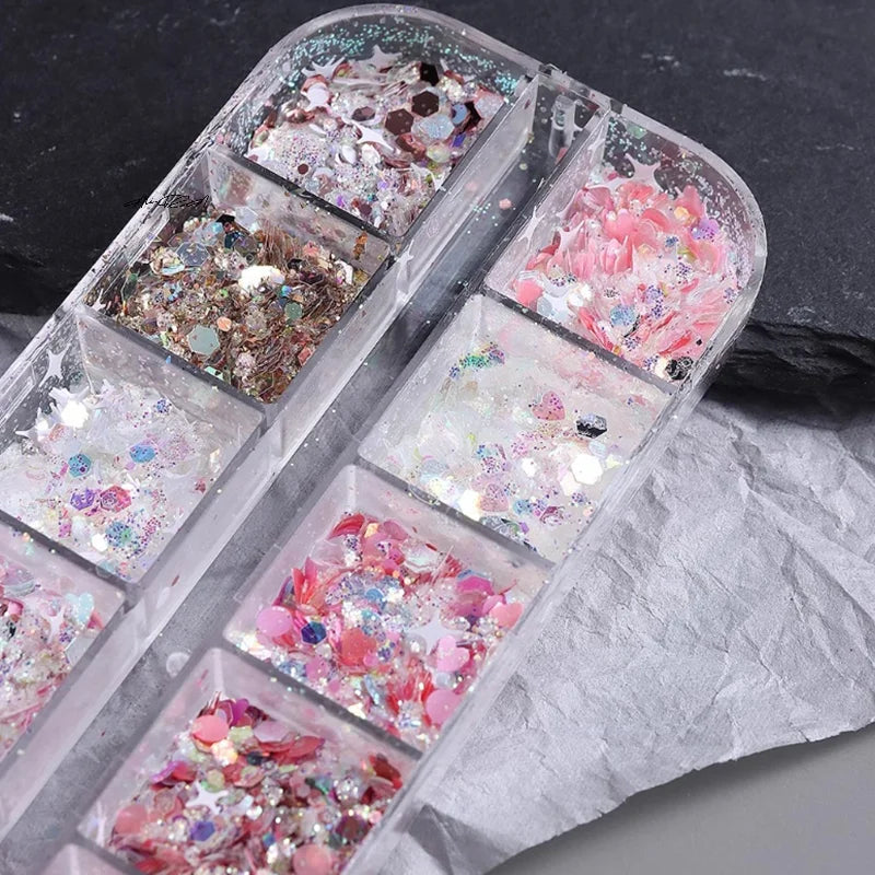 12-Grid Nail Glitter Sequin Set | Star & Heart Flakies Nail Glitter Set QXL