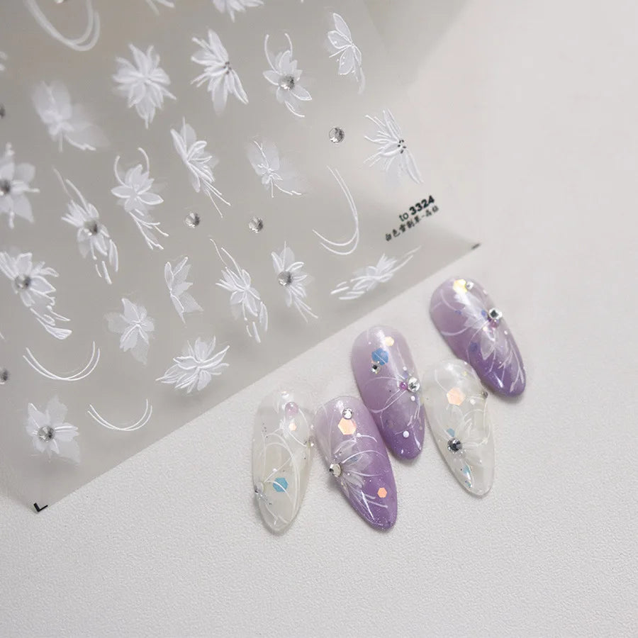 5D Crystal Diamond White Flower Nail Stickers | Japanese Vintage Nail Art Stickers QXL