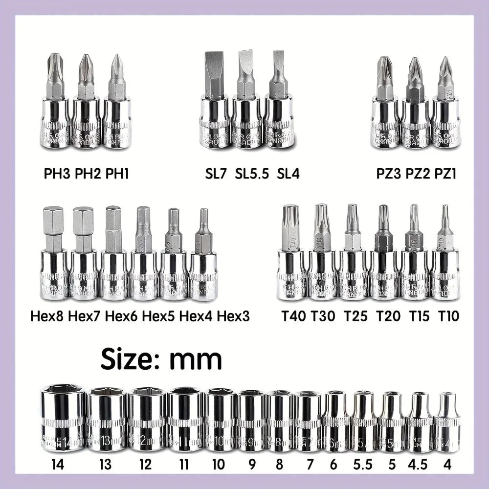 46-Pc Auto Socket & Ratchet Wrench Kit | Car Repair Toolbox Socket Wrench Set QXL