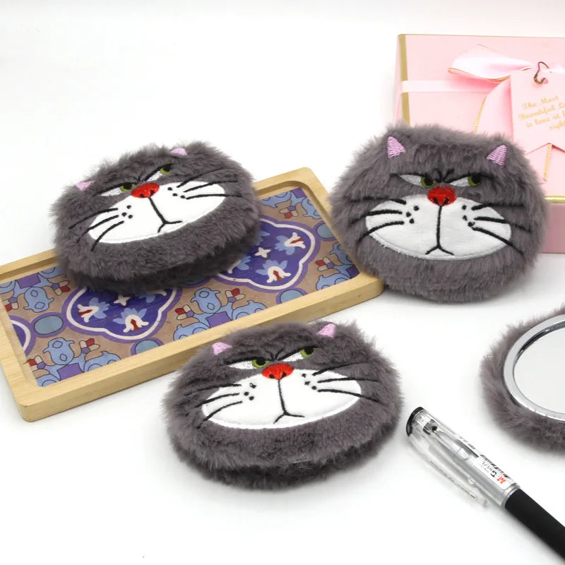 Cartoon Plush Double-Sided Compact Mirror with Magnification Compact Makeup Mirror QXL