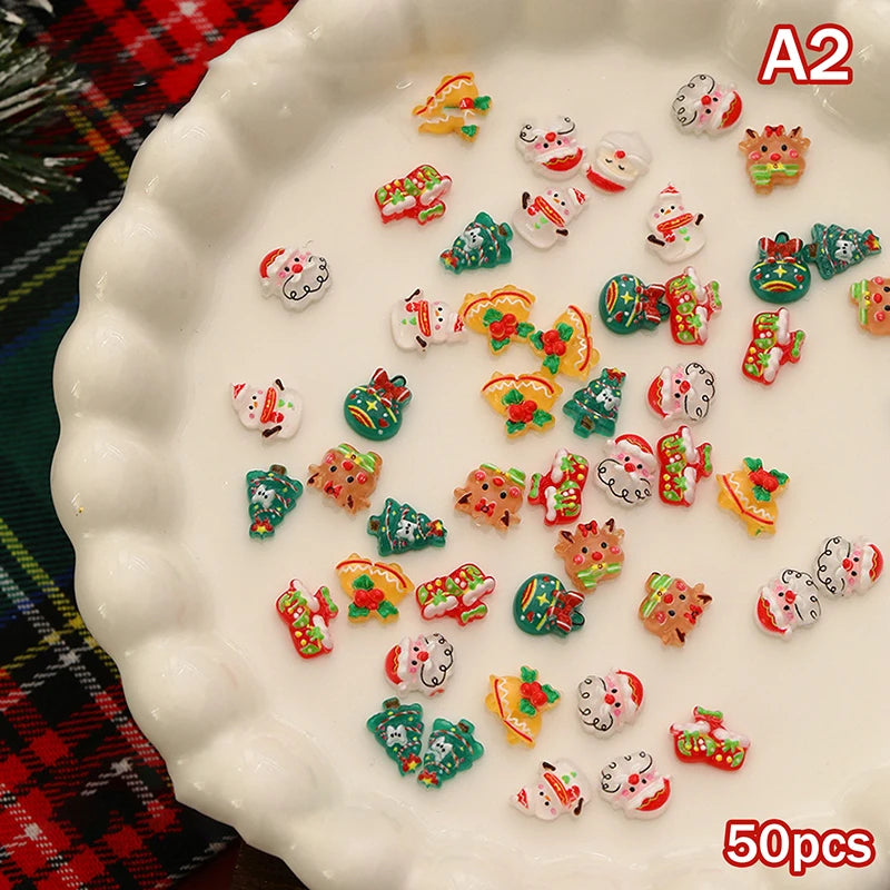 50-Pc Christmas Resin Nail Charms | Santa Snowman Reindeer Nail Art Charms QXL A2