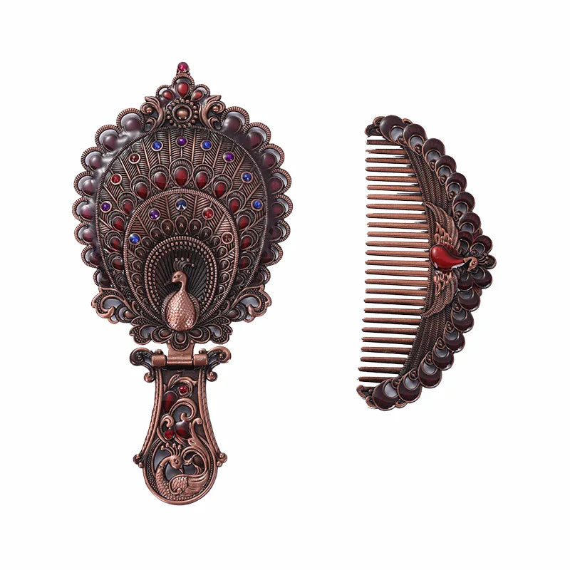 Peacock Folding Hand Mirror & Comb Set | Retro Metal Gift Box Folding Vanity Mirror Set QXL