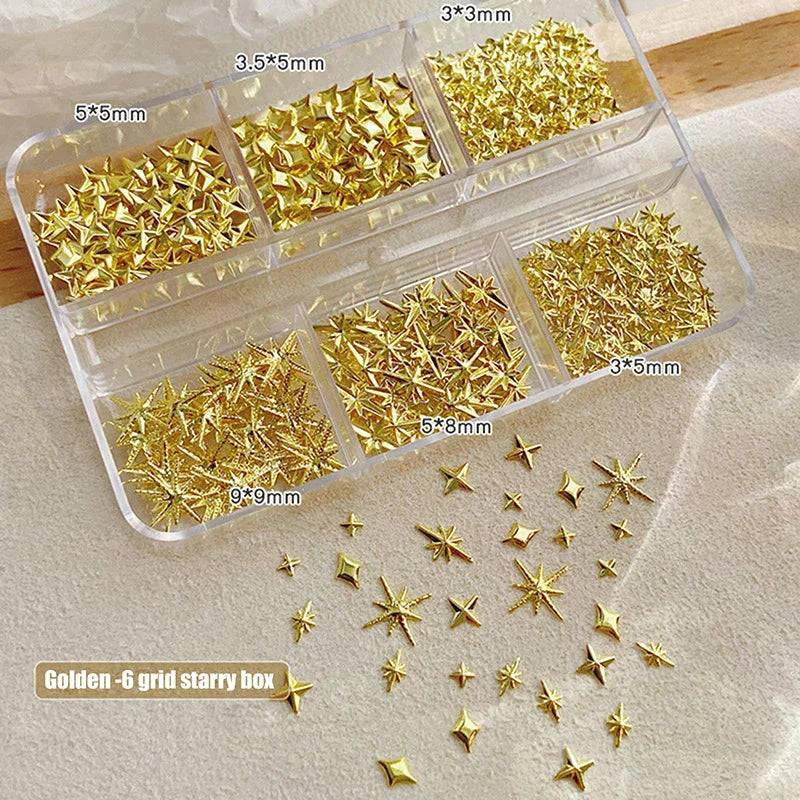 6-Grid Metallic Nail Art Rhinestones | Gold & Silver Charms Nail Art Charms QXL