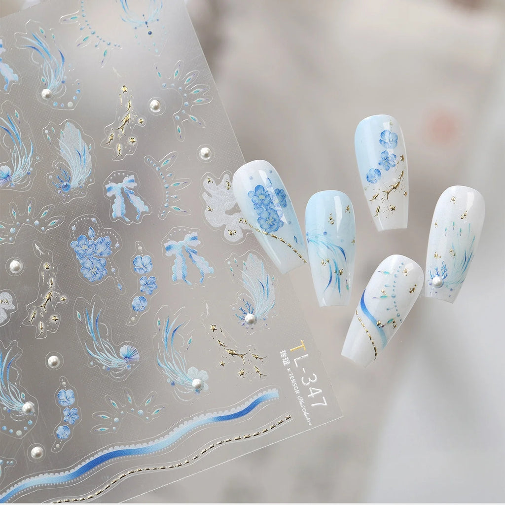 5D Blue Floral Nail Stickers | Pearl & Feather Self-Adhesive Decals Nail Art Stickers QXL