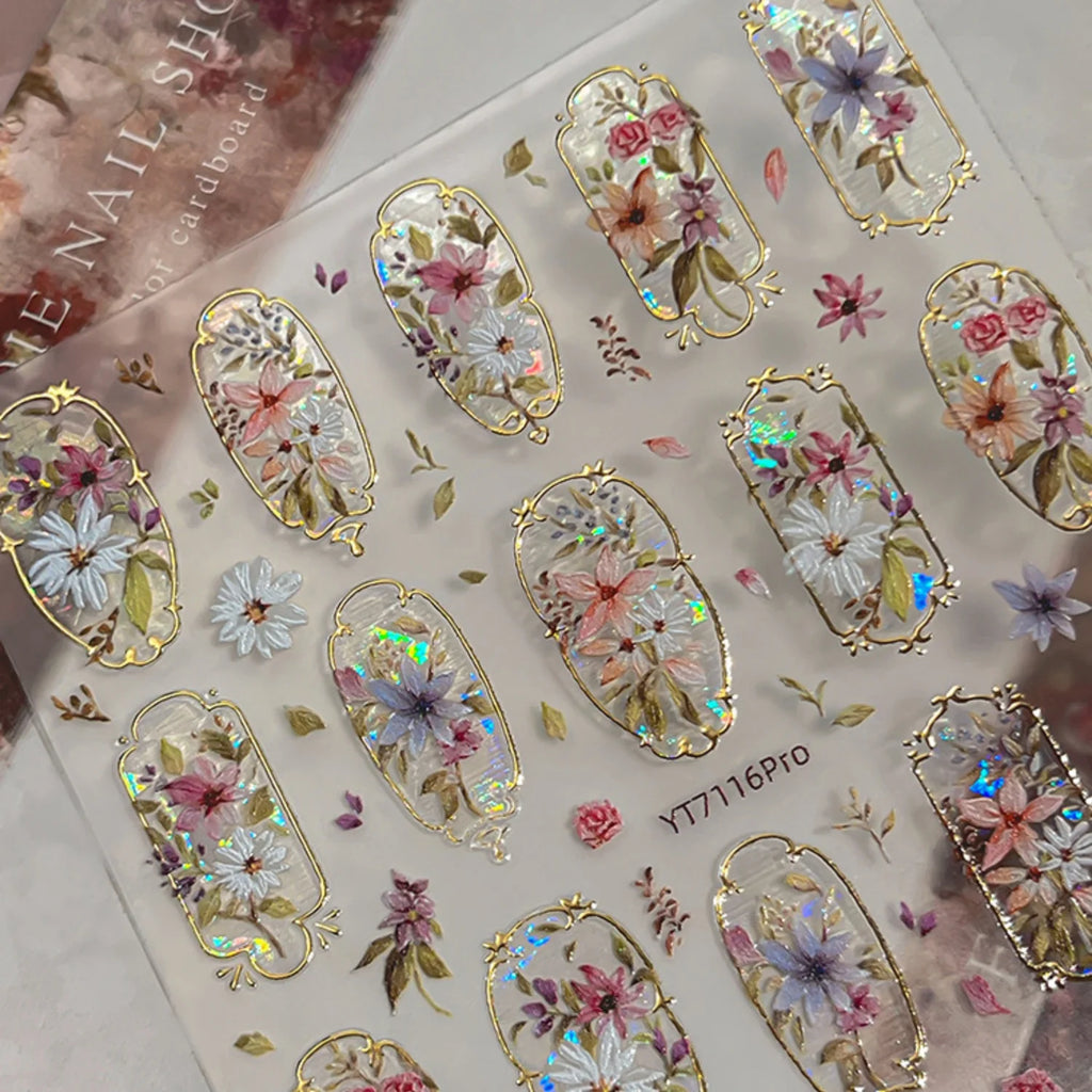 5D Retro Floral Nail Stickers | Watercolor Oil Painting Decals Nail Art Stickers QXL