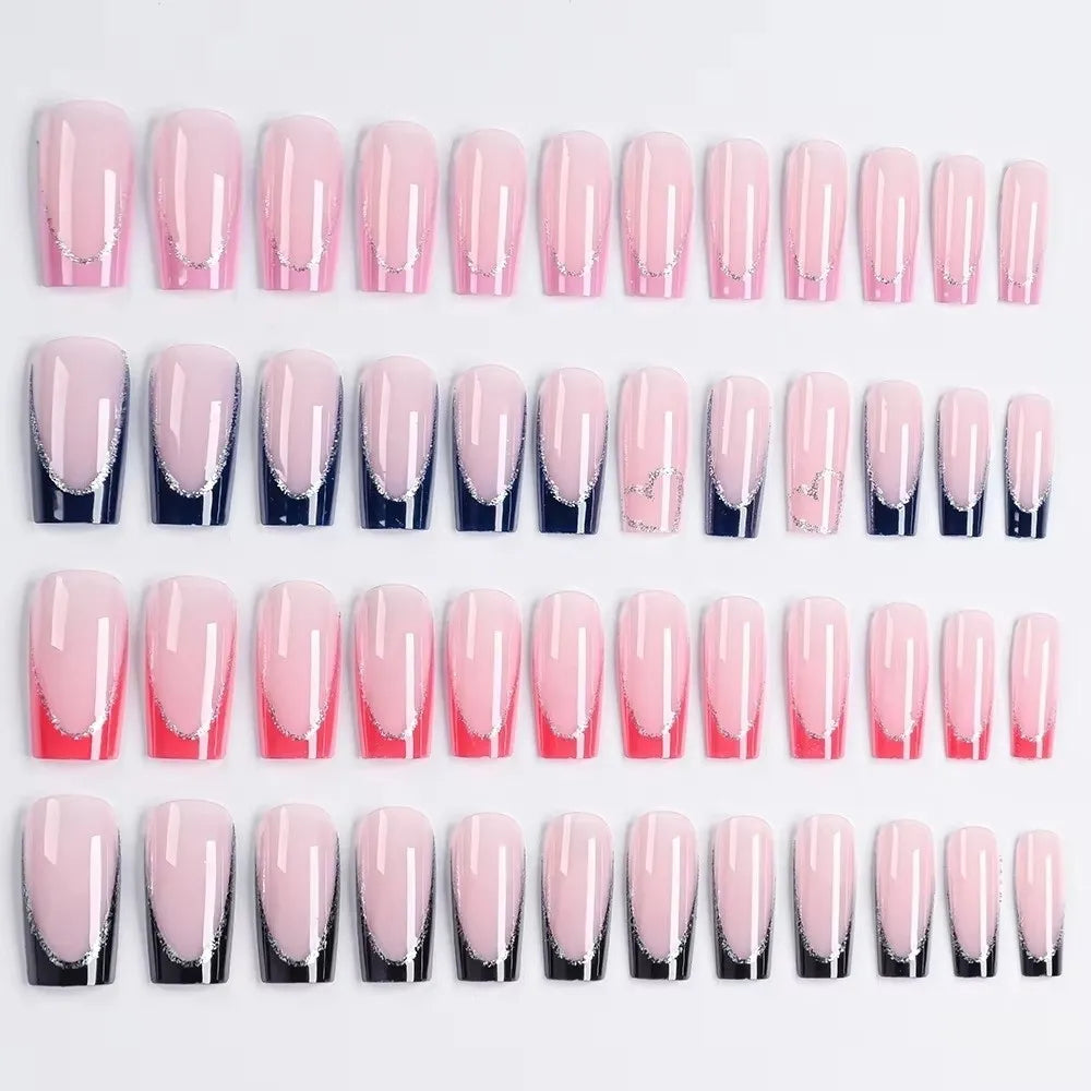 96-Pc Square Press On Nails | Silver Glitter French Style Press On Nails QXL