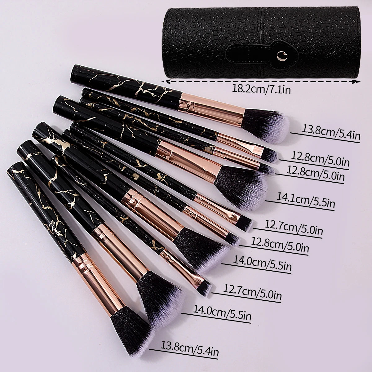 10-Pc Marble Makeup Brush Set & PU Leather Storage Bucket Makeup Brush Set QXL