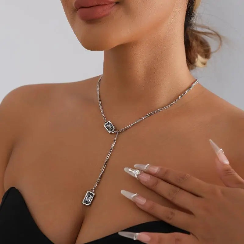 Vintage Black Square Rhinestone Y-Shape Pendant Necklace Pendant Necklace QXL