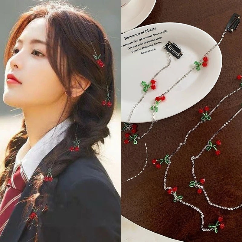 Red Cherry Tassel Hair Clip | Braided Wax Thread Charm Tassel Hair Clip QXL