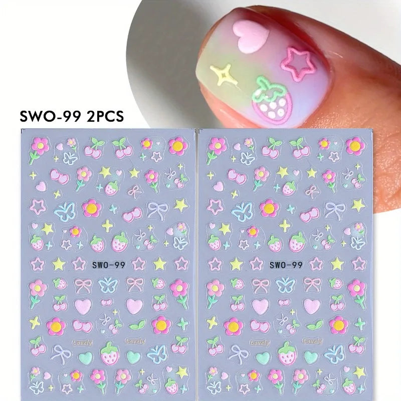 3D Matte Nail Art Stickers | Kawaii Cherry Bow Butterfly Floral Nail Art Stickers QXL