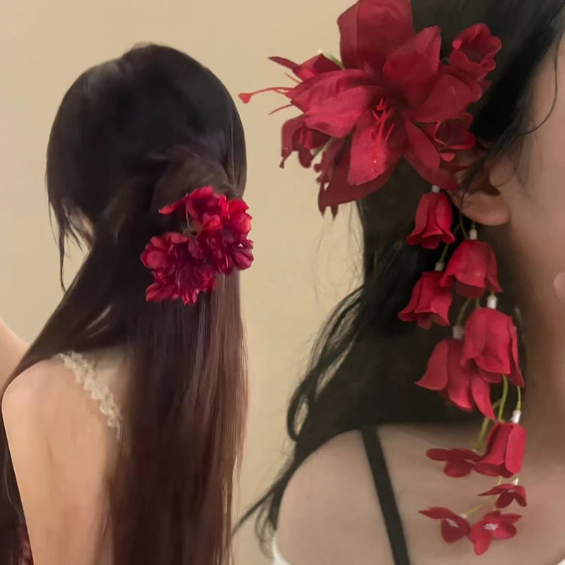 Red Lily of the Valley Tassel Flower Hairpin | Duckbill Clip Flower Hair Clip QXL