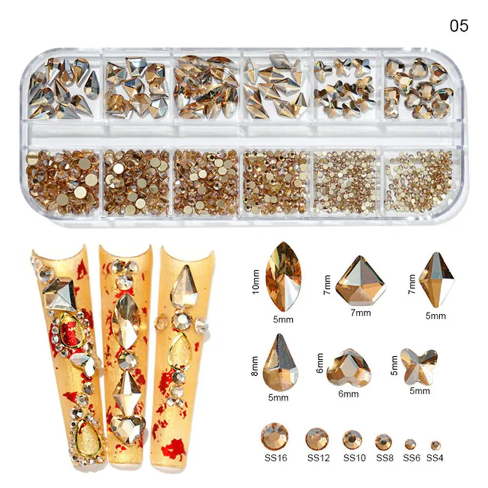 12-Grid 3D Nail Art Rhinestones | Mixed Shape Glass Charms Nail Art Rhinestones QXL