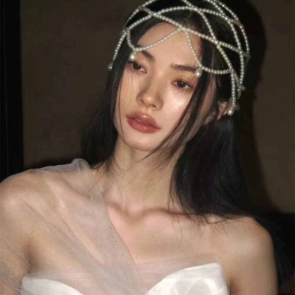 Handmade Pearl Beaded Bridal Hat | Mesh Tassel Wedding Headpiece Bridal Hat QXL
