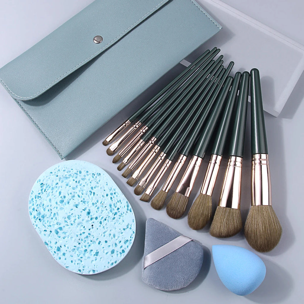 18-Piece Dark Green Makeup Brush Kit with Storage Bag Makeup Brush Set QXL
