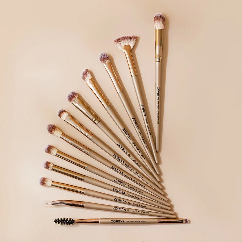 Zoreya 12-Piece Eyeshadow & Lip Makeup Brush Set – Fiber Bristles Makeup Brush Set QXL Brown Brush