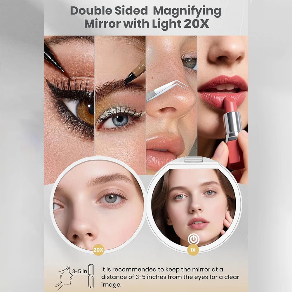 Travel Makeup Mirror with Lights – 1X/20X Magnifying, Rechargeable Lighted Makeup Mirror QXL