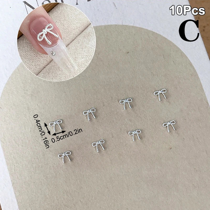 10-Pack 3D Alloy Bow & Heart Nail Art Charms | Silver Metal Nail Art Charms QXL C