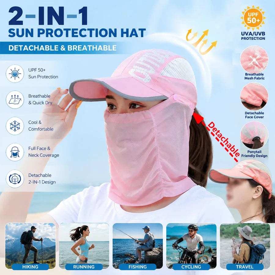 2-in-1 UV Sun Cap with Detachable Face & Neck Shield | Unisex UV Sun Hat QXL