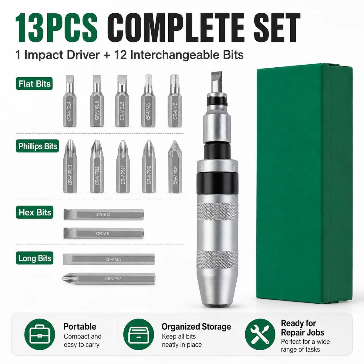 13-Pc Manual Impact Driver Set | CR-V S2 Steel Screwdriver Kit Manual Impact Driver QXL