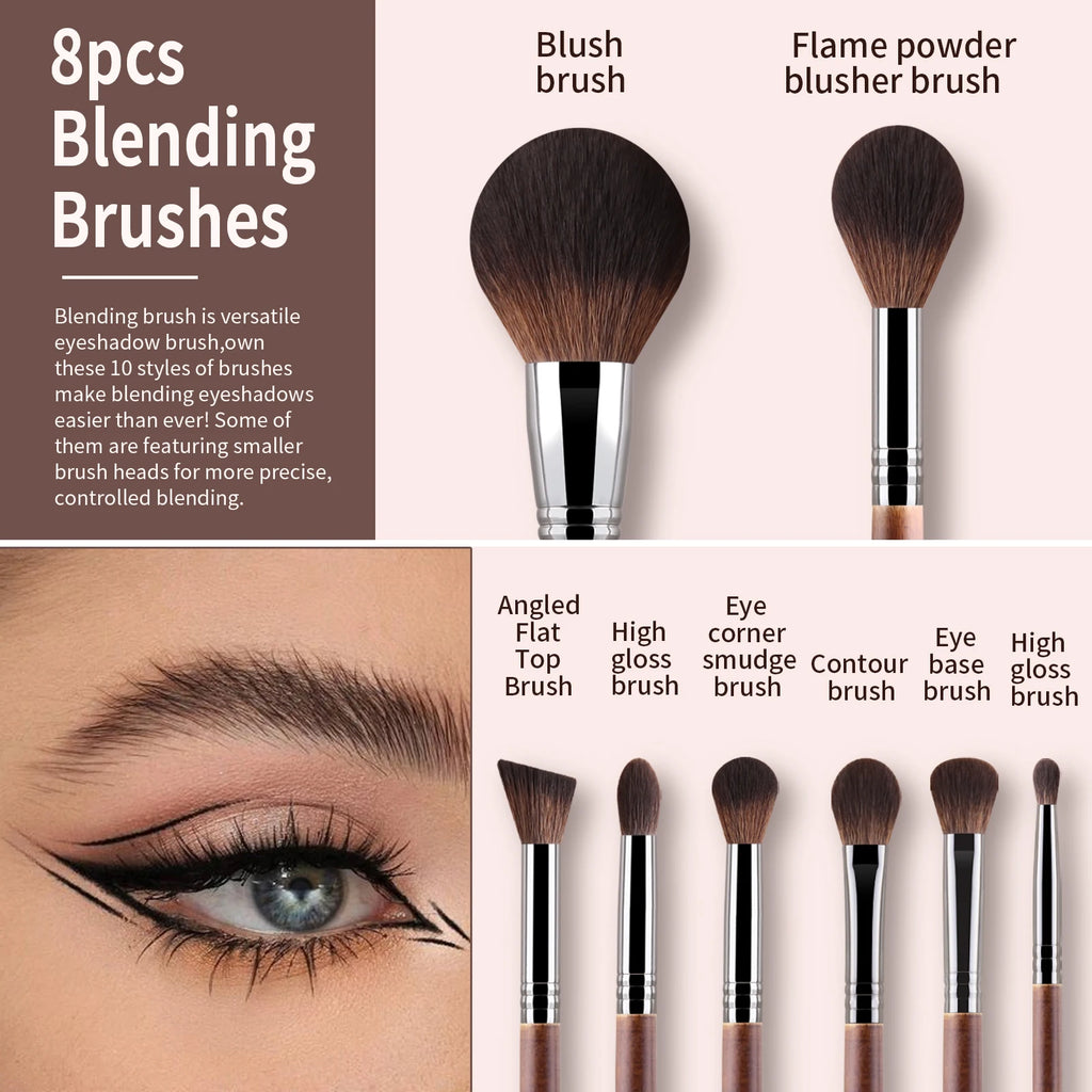 Ronshadow 8-Pc Makeup Brush Set | Wood Handle & Nylon Makeup Brush Set QXL
