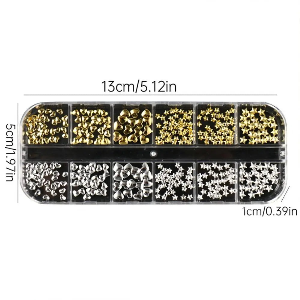 12-Grid 3D Metal Nail Charms | Gold Silver Heart & Star Set Nail Art Charms QXL