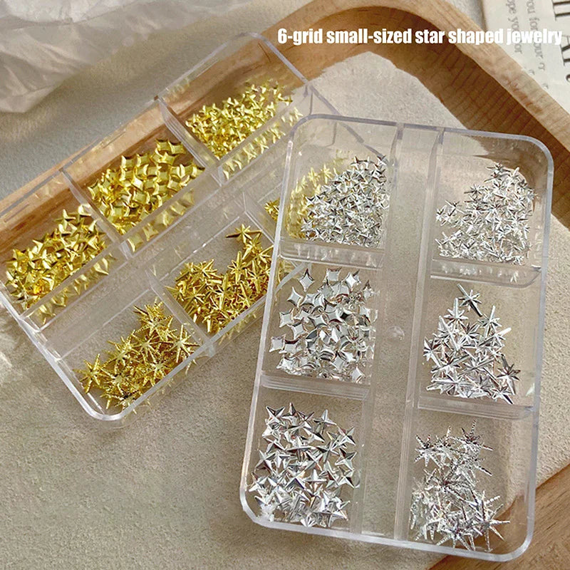 6-Grid Metallic Nail Art Rhinestones | Gold & Silver Charms Nail Art Charms QXL