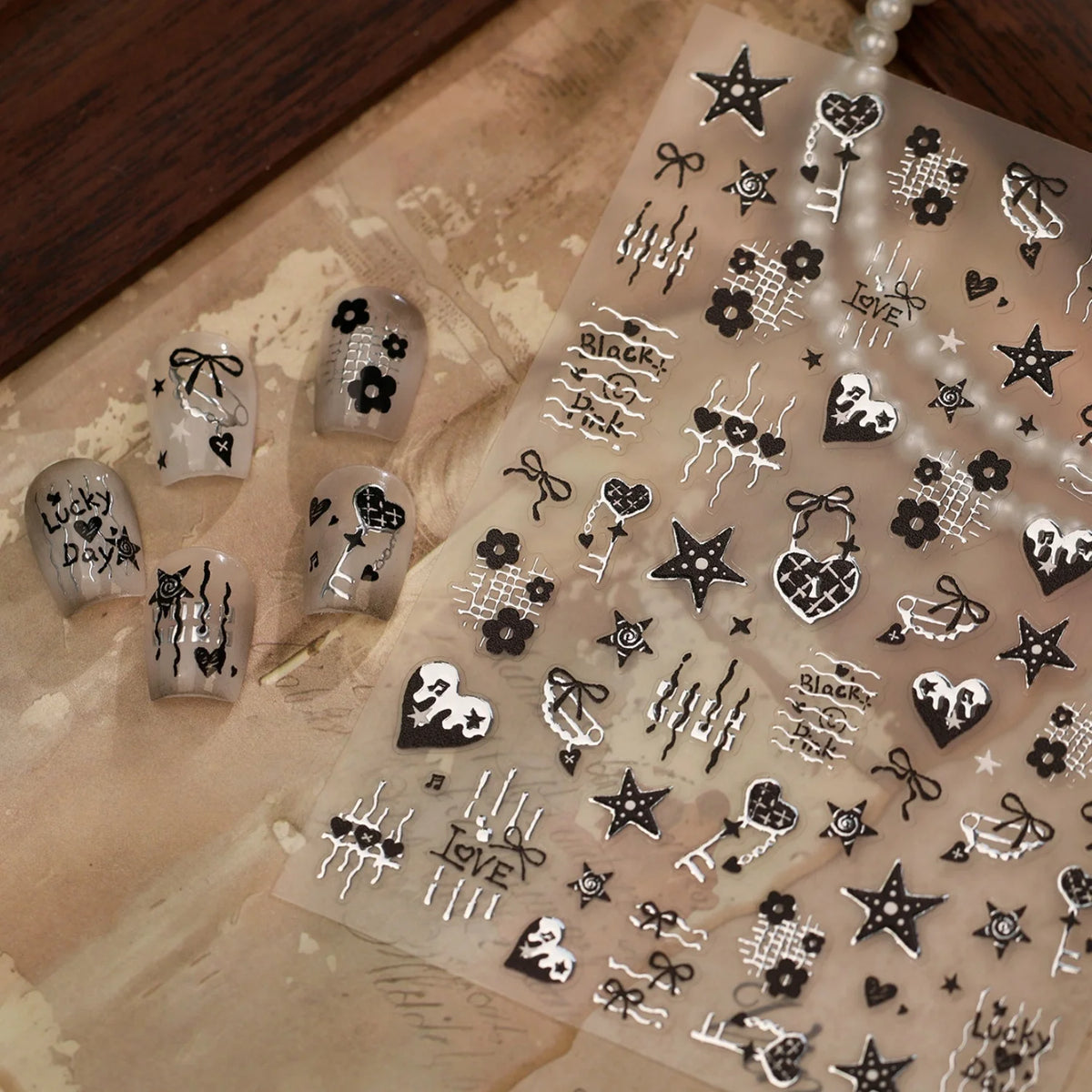 Y2K 5D Nail Art Stickers – Black Silver Lace, Hearts & Bows Nail Art Stickers QXL