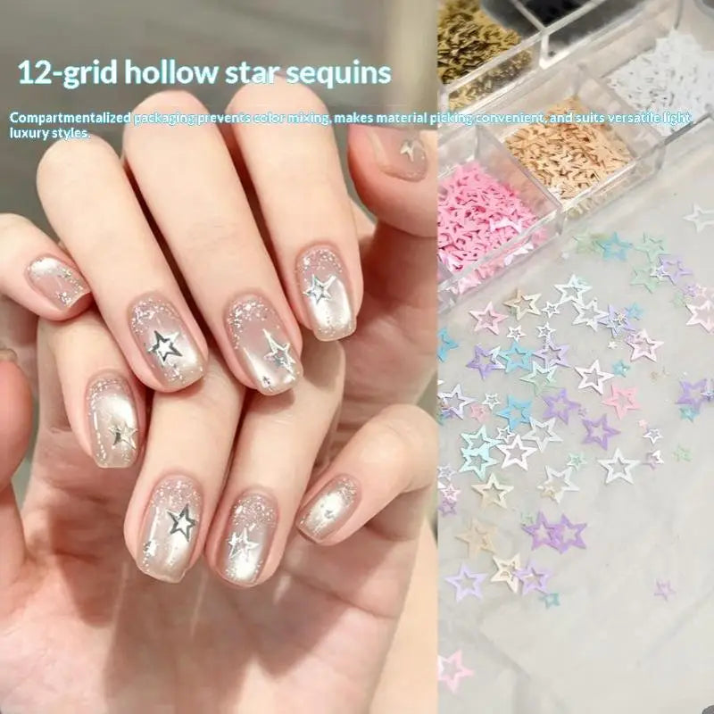 12-Grid Hollow Star Nail Glitter Sequins | DIY Nail Art Set Nail Art Sequins QXL