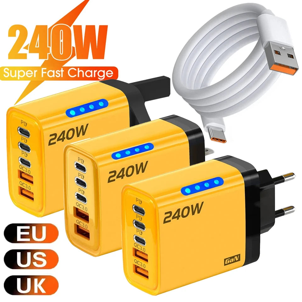 5-Port 240W GaN USB-C PD Fast Charger | QC 3.0 Wall Adapter USB-C Wall Charger QXL