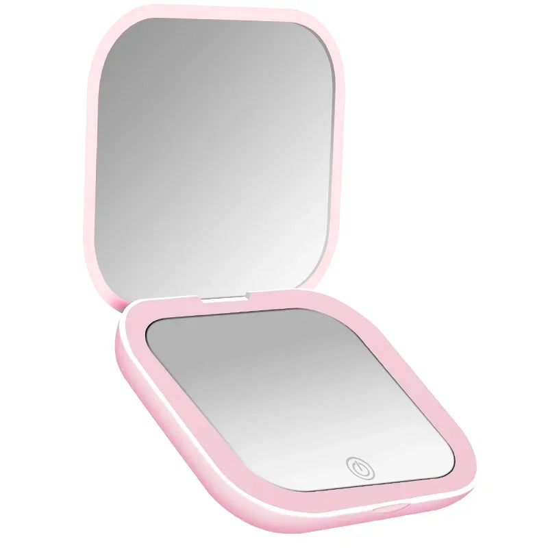 2X Magnifying LED Compact Makeup Mirror | Portable Folding LED Compact Mirror QXL Pink