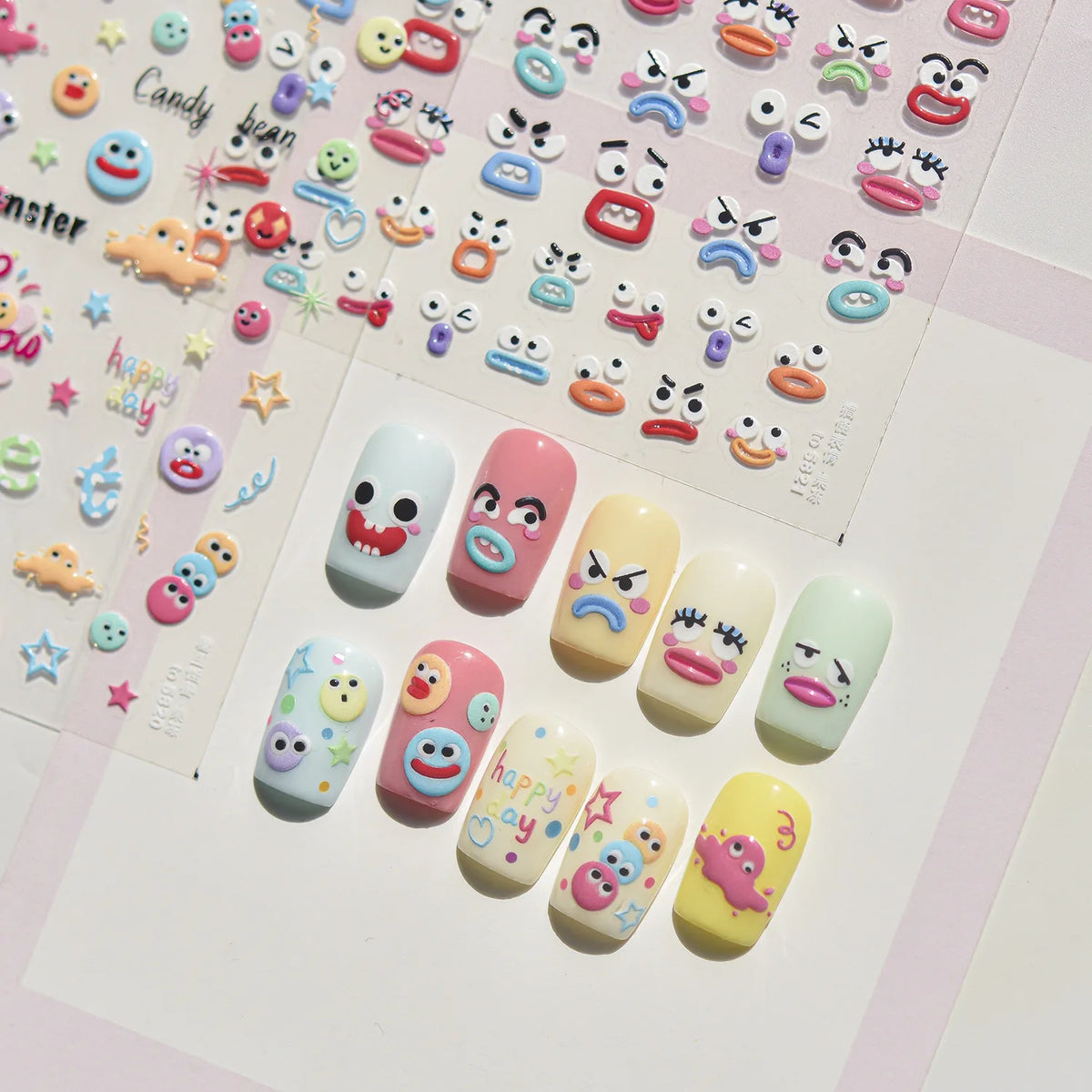 5D Cartoon Nail Stickers | Smiley Monster Star Heart Decals Nail Art Stickers QXL