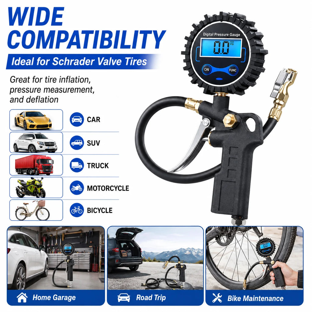 Digital Tire Inflator Pressure Gauge | 3-in-1 Metal & ABS Tire Inflator Gauge QXL