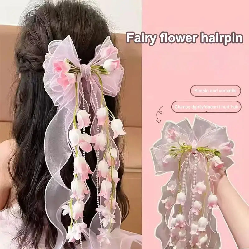 Mesh Bow Flower Tassel Hair Clip | Bridal & Party Gift Bridal Hair Clip QXL