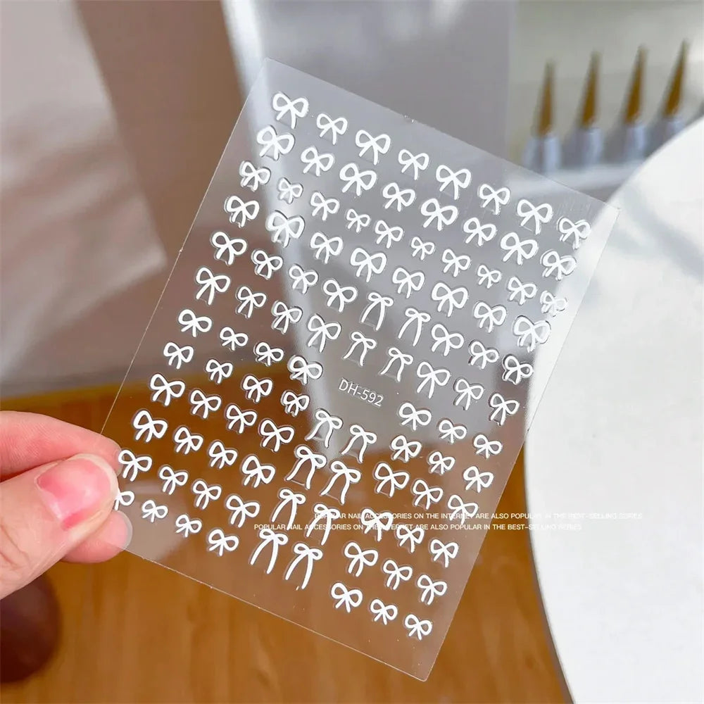 5D Kawaii Bow Nail Art Stickers | Pink Black White Ribbon Decals Nail Art Stickers QXL 1pcs white