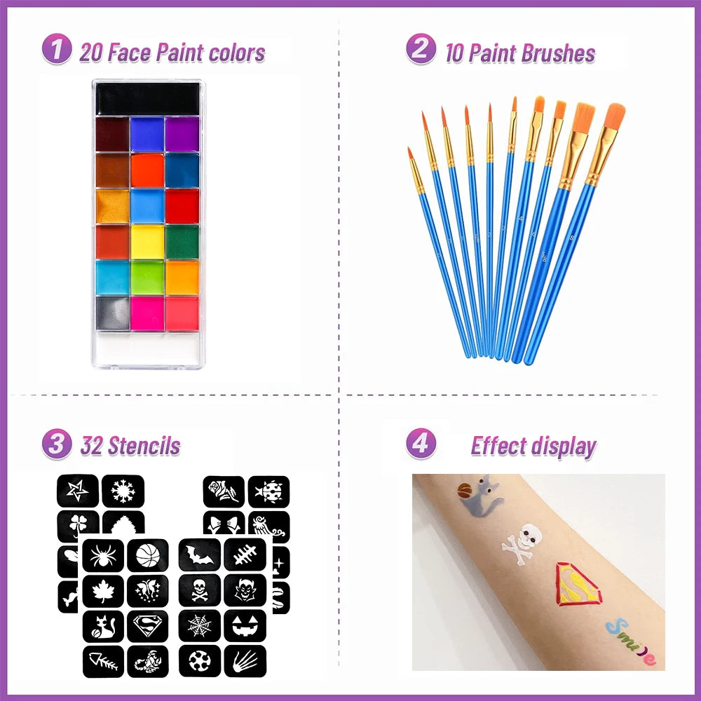 20-Color Face & Body Paint Kit | 10 Brushes + 4 Stencils Face & Body Paint Kit QXL