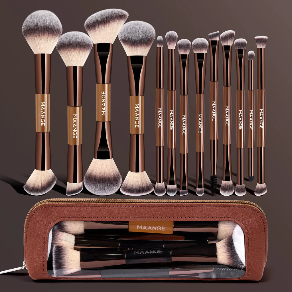 MAANGE 13-Piece Makeup Brush Set with Storage Bag Makeup Brush Set QXL Coffee Brown