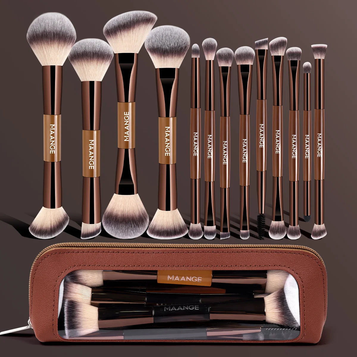 MAANGE 13-Piece Makeup Brush Set with Storage Bag Makeup Brush Set QXL Coffee Brown