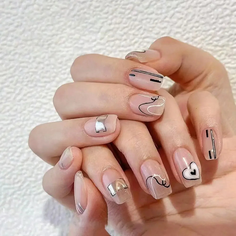 Long Square Press-On Nails Aurora Purple French Heart Design Press-On Nail Tips QXL