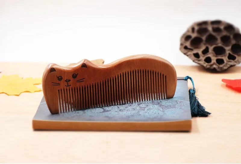Peach Wood Cat Shape Comb | Anti-Static Scalp Massage Wooden Hair Comb QXL