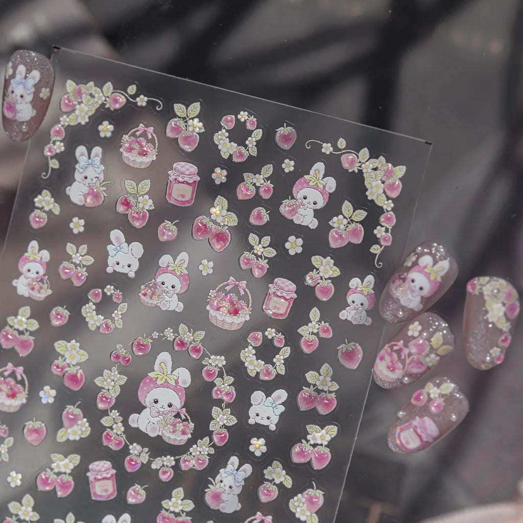 Pink Rabbit Strawberry 5D Nail Stickers | Cute Bunny Decals Nail Art Stickers QXL