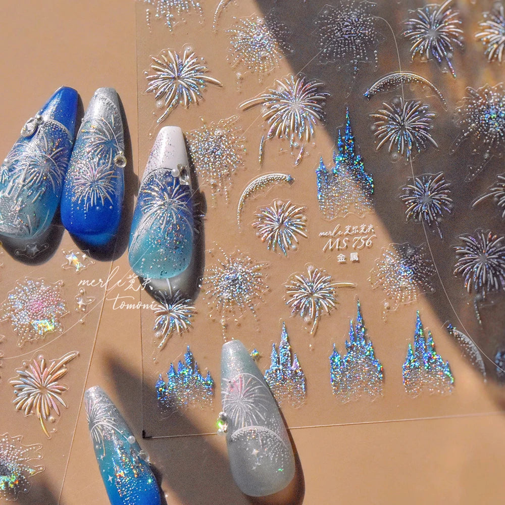 5D Firework Castle Nail Stickers | Holographic Glow Decals Nail Art Stickers QXL