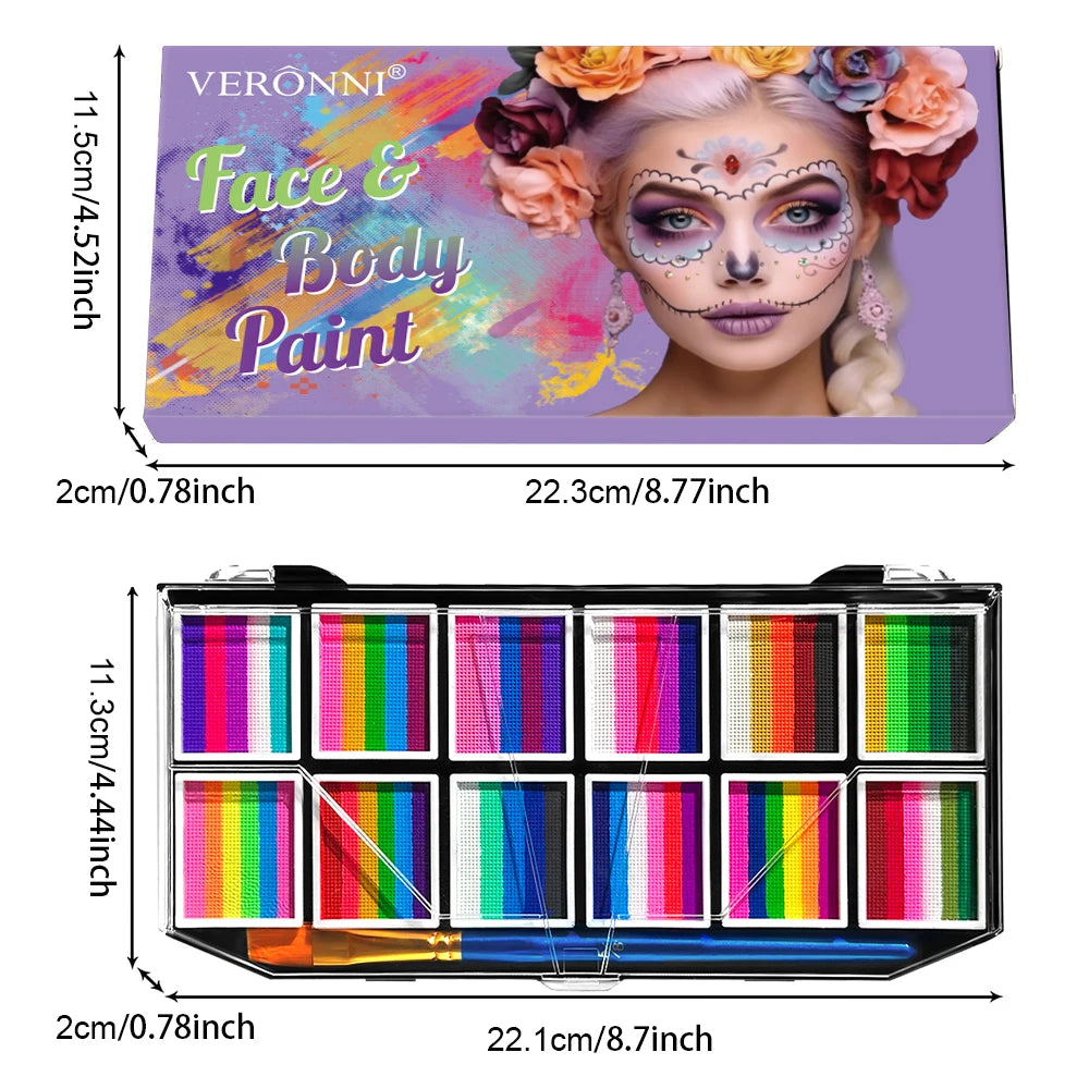 12-Colour Water-Based Face & Body Paint Kit | Halloween Face & Body Paint QXL 12 Grid Face Paint