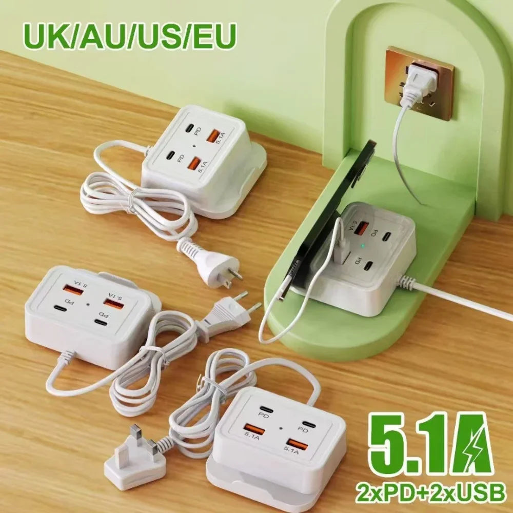 5.1A USB-C 4-Port Fast Charger Power Strip with Phone Stand USB-C Multi-Port Charger QXL