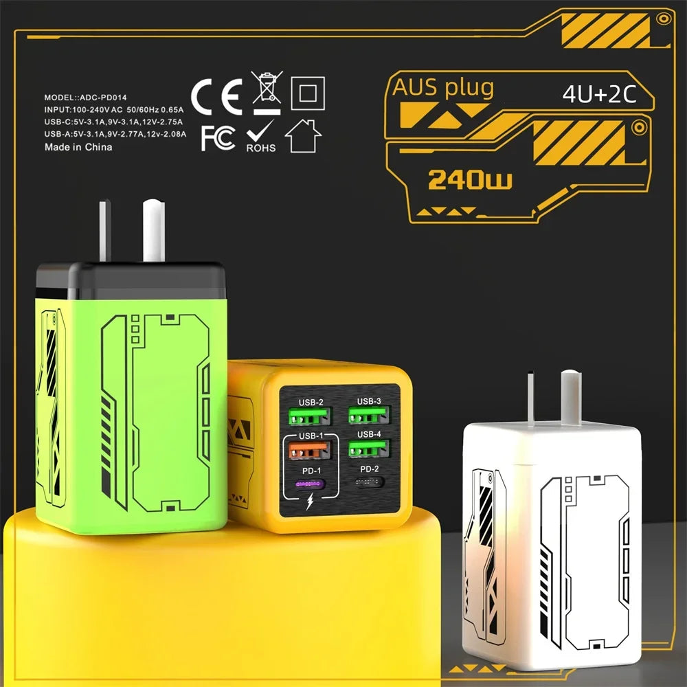 240W 6-Port USB Wall Charger | PD & Quick Charge 3.0 USB Wall Charger QXL