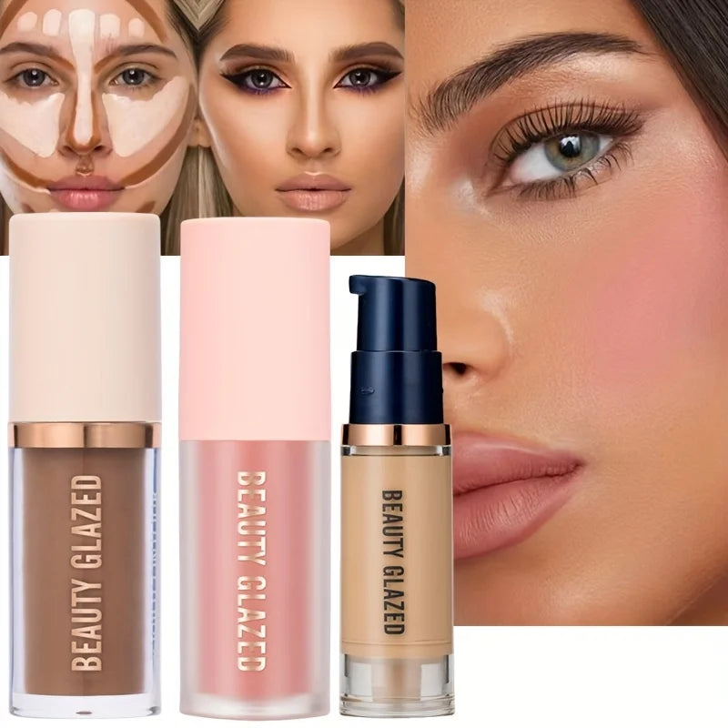 Beauty Glazed 3-Pc Waterproof Makeup Set – Blush, Contour & Foundation Liquid Makeup Set QXL